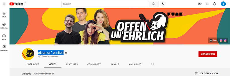 Screenshot des YouTube-Kanals 