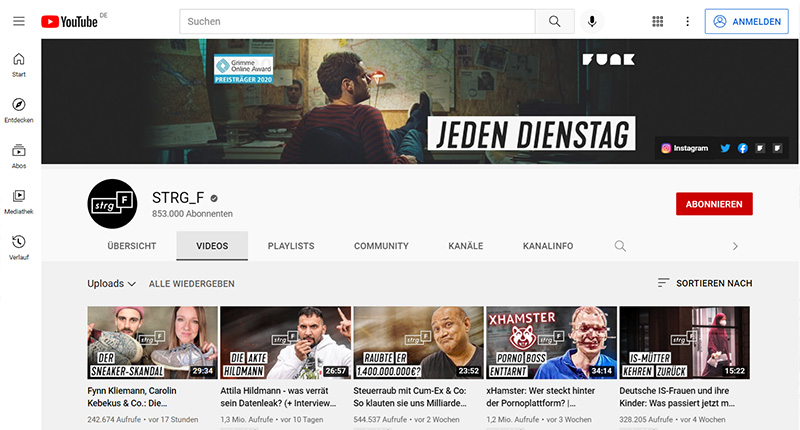 Screenshot des YouTube-Kanals von Strg_F 