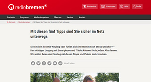 Screenshot der Website von Radio Bremen: Mit diesen fünf Tipps sind Sie sicher im Netz unterwegs