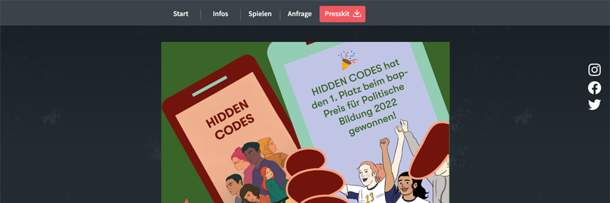 Screenshot der Website zum Game HIDDEN CODES