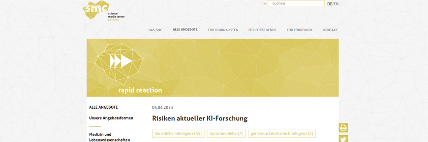 Screenshot der Website des Science Media Centers Germany