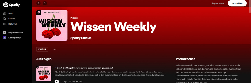 Screenshot der Spotify-Seite zu Wissen Weekly 